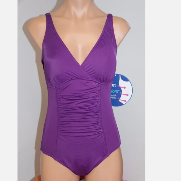 NWT Swim Solutions Swimsuit Bikini 1 one piece Sz 10 up to D cup Purple wine - Picture 3 of 5